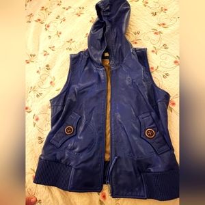 Super cute leather hooded vest blue small